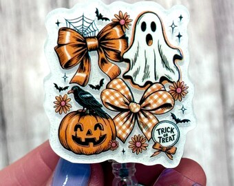 Porta credencial de Halloween, porta credencial de fantasma con lazo coqueto, porta credencial de Jack O' Lantern, credencial de Halloween Mash Up, credencial de lazo de Halloween, fantasma lindo