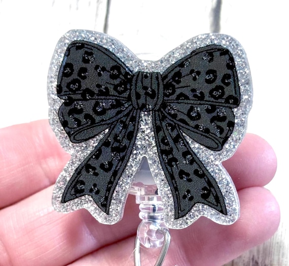 Black Coquette Bow Badge, Leopard Bow Badge Holder, Pretty Bow Badge, Girly Coquette Bow Badge, Glitter Bow Badge, NICU Nurse, EMT Badge, RN