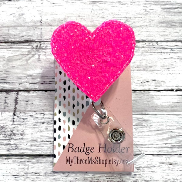 Nurse Badge Reel NEON PINK Heart Badge Reel, Medical Badge Holder, Retractable Id Badge Reel, Nurse Week Gift, Chunky Glitter NameBadge Pull