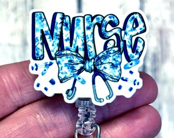 Blue Floral NURSE Badge Reel, Stethoscope Bow Badge Holder, Pretty Nurse Badge Gift, Nurse Week, RN LPN, Labor Nurse Badge, Blue Bow Nurse