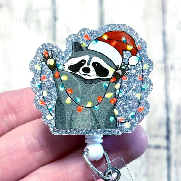 Christmas Badge Reel, Christmas Raccoon Badge Reel, Raccoon with Christmas Lights Badge, I've Been Feral Badge Reel, Santa Raccoon Badge