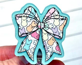 Easter Coquette Bow Badge Reel, Fluffy Bunny Bow Badge Holder, Easter Candy Badge Id Clip, Easter Bow Badge Reel, Glitter Badge Gift, LDRP