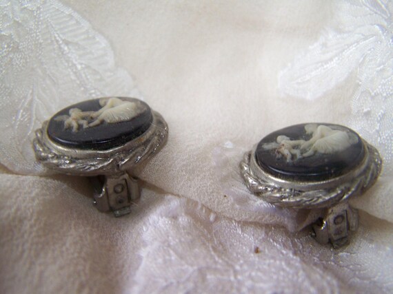 Vintage Cameo Clip Earrings Angel Cherub Black - image 2