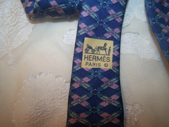 Vintage Hermes Silk Neck Tie Blue Geometric Links - image 4