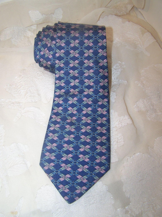 Vintage Hermes Silk Neck Tie Blue Geometric Links - image 1