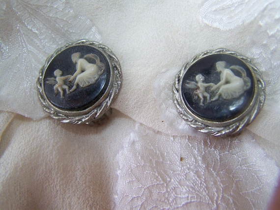 Vintage Cameo Clip Earrings Angel Cherub Black - image 1