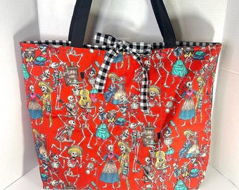 Dancing Skeleton Tote Bag, Dia de los Muertos Bag, Handmade Skeleton Shoulder Tote, Red Black Spooky Bag