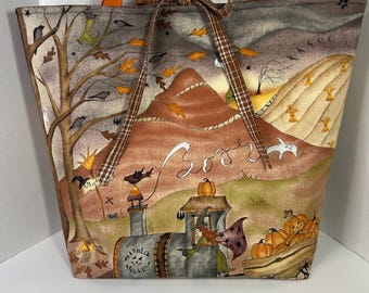 Vintage Halloween Tote Bag, Handmade Spooky Fall Bag, Witch Pumpkin Ghost Tote, Large Halloween Shoulder Bag