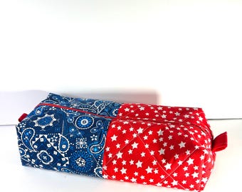 Patriotic Quilted Makeup Bag | Red White Blue Bandana Star Cosmetic Pouch