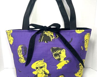 Small Monster Tote Bag, Vintage Horror Bag, Purple Halloween Tote, Classic Monster Purse, Handmade Spooky Bag