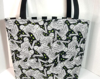 Glow in the Dark Mummy Tote Bag, Handmade Halloween Tote, Spooky Mummy Bag, Black & White Halloween Bag