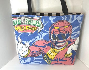 Power Rangers Wild Force Large Upcycled Tote Bag, Handmade Power Rangers Shoulder Bag, Y2K Nostalgia Tote