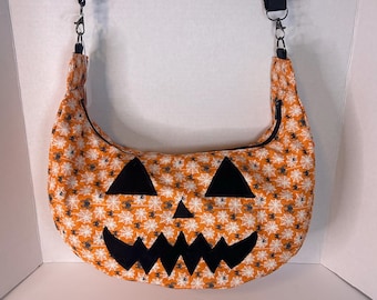 Jack O Lantern Crossbody Bag, Pumpkin Halloween Purse, Handmade Spooky Crescent Bag, Orange Spider Web Bag