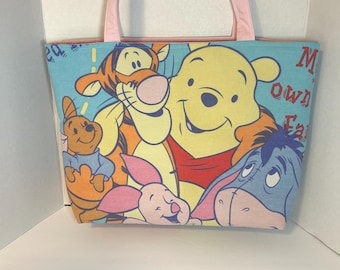 Upcycled Winnie the Pooh Tote Bag, Vintage Pooh & Friends Shoulder Bag, Handmade Character Tote, Large Recycled Fabric Bag