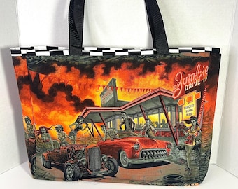 Zombie Diner Tote Bag, Handmade Horror Halloween Bag, Retro Zombie Shoulder Tote, Spooky Rockabilly Car Bag