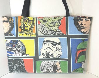 Upcycled Star Wars Tote Bag, Vintage Star Wars Bedding Bag, Large Handmade Shoulder Tote, Comic Style Character Bag