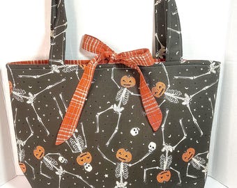 Halloween Skeleton Tote Bag, Pumpkin Head Skeleton Bag, Handmade Halloween Purse, Spooky Tote Bag, Orange Plaid Bow Bag