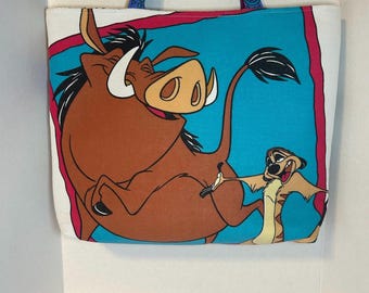 Upcycled Lion King Tote Bag, Vintage Disney Sheet Tote, Handmade Simba Timon Pumbaa Bag, Large Upcycled Shoulder Bag