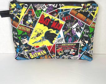 Large Batman Comic Zipper Pouch, Handmade DC Comics Bag, Batman Makeup Bag, Comic Book Travel Pouch