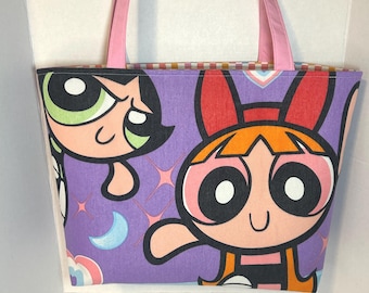 Upcycled Powerpuff Girls Tote Bag, Blossom Bubbles Buttercup Shoulder Bag, Handmade Cartoon Tote, Recycled Fabric Bag