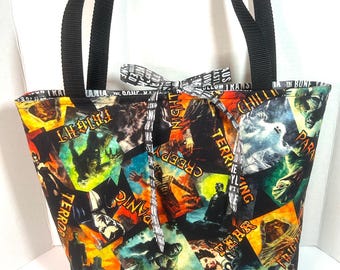 Halloween Horror Tote Bag, Classic Monster Bag, Spooky Handmade Tote, Large Halloween Purse, Horror Lover Gift