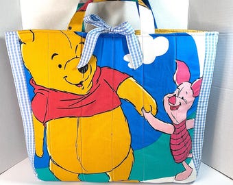Handmade Winnie the Pooh Tote Bag | Upcycled Pillowcase Tote | Large Quilted Book Bag | Disney-Inspired Shoulder Bag | One of a Kind