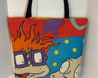 Upcycled Rugrats Tote Bag, Chuckie Angelica 90s Cartoon Shoulder Bag, Handmade Nickelodeon Nostalgia Tote