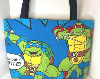 Upcycled Teenage Mutant Ninja Turtles Tote Bag, TMNT Handmade Shoulder Bag, 90s Cartoon Nostalgia Tote