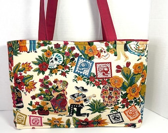 Dia de los Muertos Tote Bag, Sugar Skull Shoulder Bag, Handmade Mexican Folk Art Tote, Colorful Floral Skull Bag