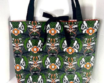 Spooky Botanical Tote Bag, Handmade Halloween Tote, Skeleton Floral Bag, Black Green Orange Shoulder Bag