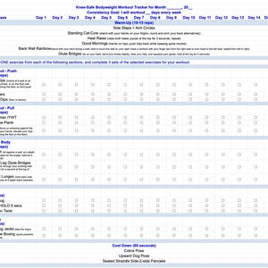 Knee-Safe No Equipment Functional Fitness Workout Printable - Monthly Tracking & Flexible Plan