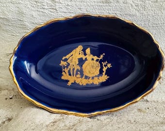 Vintage Limoges Castel Cobalt Blue Pin Dish: 22K Gold Rococo