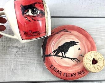 Hand Painted Edgar Allan Poe Mug and Plate Set, Gothic Literary Gift