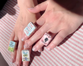 Hand-Painted Ceramic Book Ring, Adjustable Silver-Plated Band, Bookworm Gift