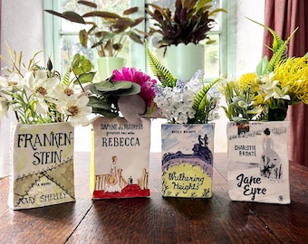 Hand-Painted Ceramic Book Vases, Literary Decor, Custom Novel Design