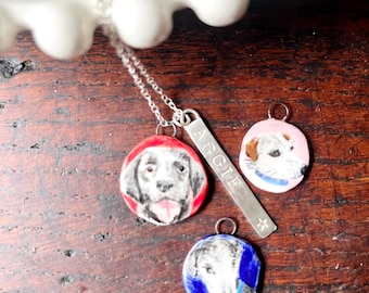 Pet portrait pendant with personalised sterling silver tag