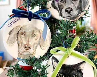 Hand-Painted Ceramic Pet Portrait Bauble, Custom Pet Keepsake Ornament