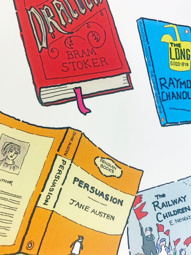 May include: A collection of vintage paperback books with colorful covers. The books include "Dracula" by Bram Stoker, "The Long Goodbye" by Raymond Chandler, "Persuasion" by Jane Austen, and "The Railway Children" by E. Nesbit.