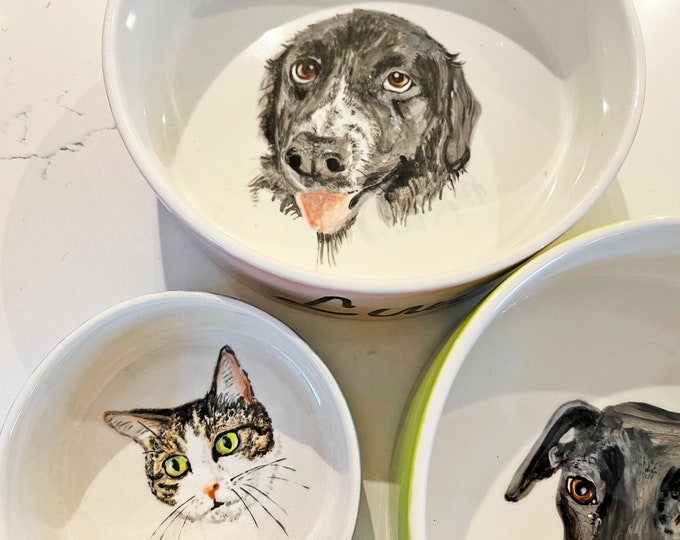 Hand painted personalised ceramic pet bowl, Personalised dog bowl, Custom pet portrait, Ceramic cat bowl, Pet gift, Pet portrait feeder