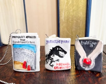 Handmade Ceramic Book Pendant Necklace, Literary Charm Jewelry