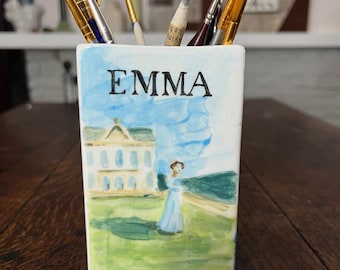 Hand Painted Jane Austen Ceramic Pot, Pencil Brush Holder