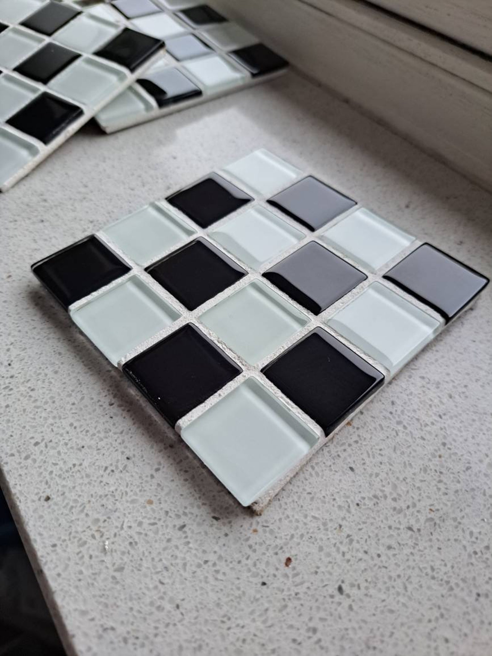 Tiled Coasters Set of 4 Tiled Coasters, Checkered Black and White Glass Tile Coasters ...