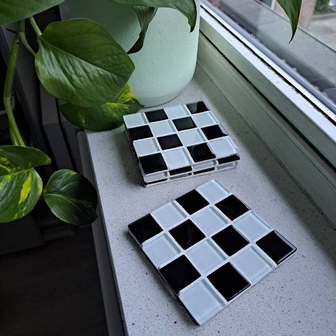 Tiled Coasters Set of 4 Tiled Coasters, Checkered Black and White Glass Tile Coasters ...
