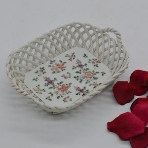 Pretty decorative porcelain basket hand painted flowers /trinket box/bon bon dish /trinket dish/porcelain dish/Hand painted basket/giftware