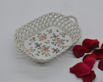 Pretty decorative porcelain basket hand painted flowers /trinket box/bon bon dish /trinket dish/porcelain dish/Hand painted basket/giftware