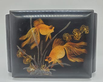 Black Lacquered Jewelry box/Pink velvet interior box/fish decorated box Jewelry box/Trinket box/box with key/vanity box/bedroom decor/