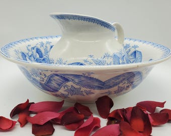 French antique jug and Bowl/Bathroom decor/ French wash set /interior/1800&#39;s/Blue and white jug and bowl/Shabby chic jug and bowl/Margalide