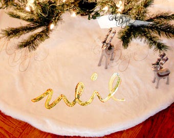 Personalized Name Tree Skirt | Custom White Faux Fur with Sequins Embroidered Christmas Tree Skirt | Winter Holiday Snow Xmas Decor Gift