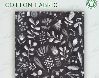 GOTS certified Organic Cotton Batiste Fabric | Alphild Nordic Floral Print | Soft Monochrome Cloth | Very Lightweight for apparel, lingerie