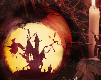 Estêncil de padrão de escultura de abóbora de Halloween para impressão de casa assombrada e bruxa, conjunto de 3 | Download instantâneo de modelos de escultura de lanterna DIY em PDF